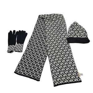 Women's Michael Kors 3 Piece Scarf Hat and Gloves Set Black/Cream
